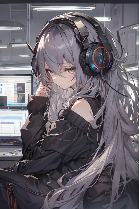 Woman using computer with big screen、silber hair、Semi-long hair、Wearing cool headphones,{{{{{{{{ Black Parker Oversize }}}}}}}},beautiful and delicate golden eyes,Thinking,black Clothes,