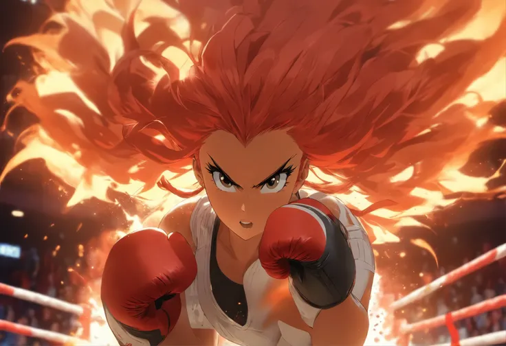 Akiko “The Phoenix” Suzuki: A young woman with long, fiery red hair tied in a high ponytail. She’s wearing boxing gloves and a determined look on her face as she stands in a modern boxing ring.teeth, missing hand, missing arm, splitting
arm, wrong anatomy,...