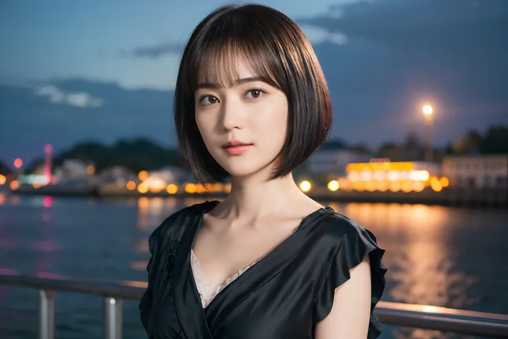 41
(Airy wavy short bob cut:1.23), (a 25yo woman), (A hyper-realistic), (masutepiece), (8KUHD), Being in the harbor at night, Medium chest