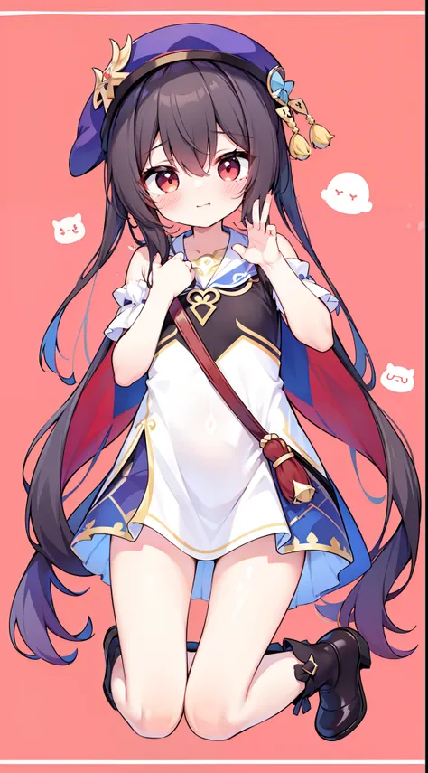 tchibi、Girl,Shy,Be red in the face,Black color hair,bucket-hat,Genshin style,(Genshin character)、skirt by the、bow ribbon、Straight face、happening、dropping eyes、winking😉,Mischievous,put hands on the hip、tmasterpiece、Top image quality、top-quality、Cute Baby Tu...