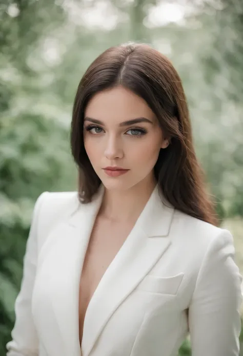 Cassady McClincy, 18 years old, posing for a photo inside, with BLACK long bob hair, bright and slanted green eyes, dress in white suit and DISCREET tailoring pants and rich pose WITH ARMS CROSSED, long brown hair,