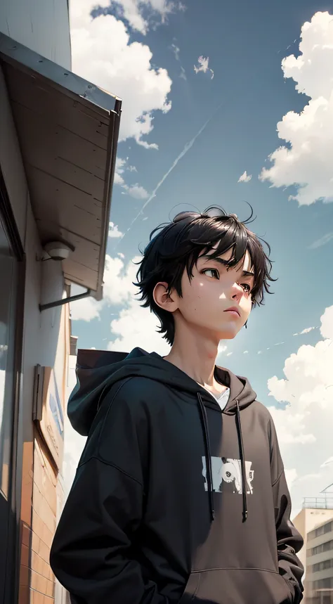 anime boy, 1boy, black hair, wear grey hoodie, looking away at the sky, sky with clouds, afternoon, lo-fi, camera from below