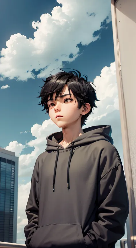 anime boy, 1boy, black hair, wear grey hoodie, looking away at the sky, sky with clouds, afternoon, lo-fi, camera from below