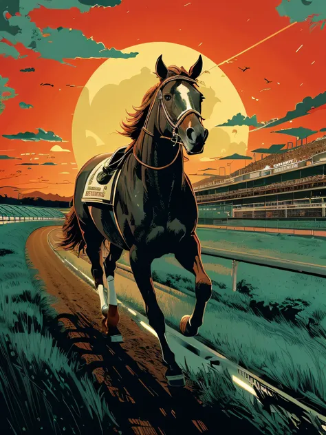 There was a horse running on the track at sunset, horse racing concept art, Shepherd fairy style, Shepard Fairley, Dan Mumfords art style, highly detailed vector art, author：Jason Benjamin, painting by dan mumford, High quality artwork, author：dan munford,...