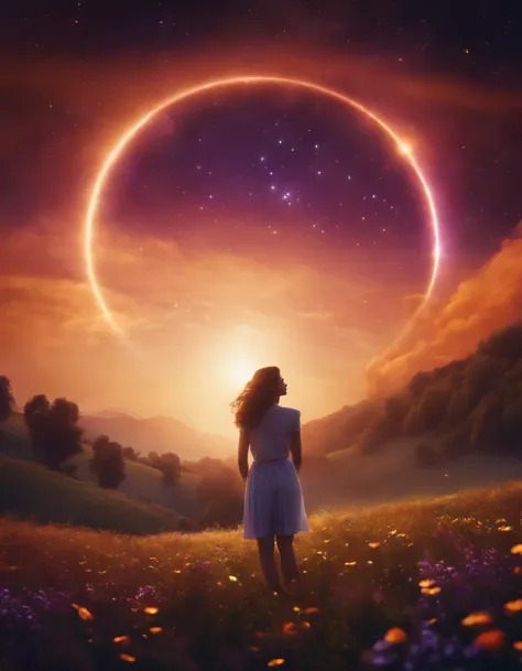 Vast landscape photo, (viewed from below, the sky is above and the open field is below), a girl standing on a flower field looking up, (full moon: 1.2), (meteor: 0.9), (nebula: 1.3), distant mountains , Trees BREAK Crafting Art, (Warm Light: 1.2), (Firefli...