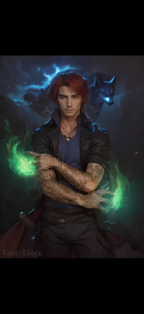 (best quality, realistic:1.2, ultra-realistic),(man,attractive,bold:1.1),(bright red hair:1.1),(Constantine-like piercing gaze:1.1),(shadow creature:wolf form): Behold an ultra-realistic masterpiece featuring an attractive and bold man with vibrant, shinin...