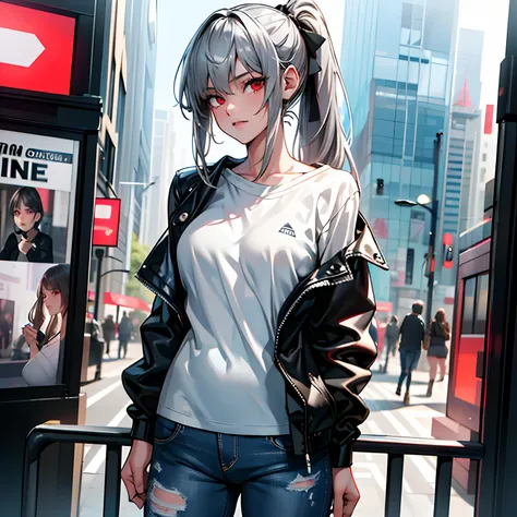 (8k), (best quality), (masterpiece: 1.2), (realistic), (photorealistic: 1.37), ultra detailed, one girl, viewer watching, half body, long plain T-shirt with a black jacket, baggy jeans, city life, high ponytail, silver hair, red eyes