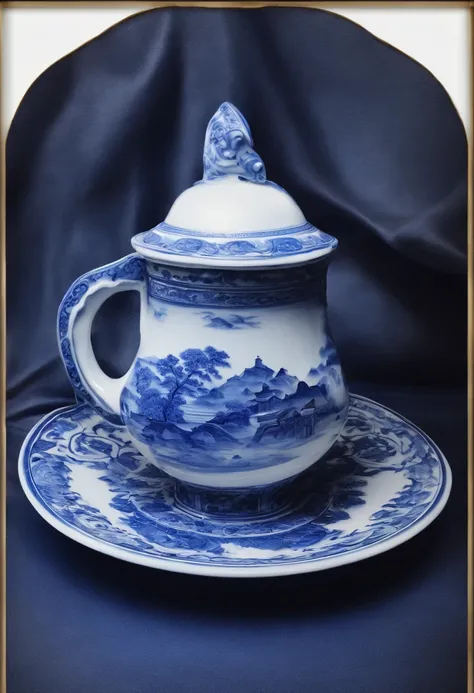 Blue and white porcelain,Ceramic material，holding cup，On a table，anaglyph，chinse landscape，artwork of a，Ornaments， high detail,3D， Chiaroscuro, Cinematic lighting, god light, Cinematic lighting, hyper HD, High details, Best quality, A high resolution, Text...