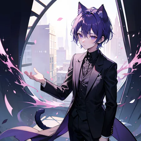 Black suit、1 boy、Purple eyes, delicate HD, High resolution, More delicate,cat ear、