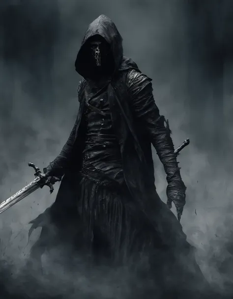 Hooded Swordsman, Ein Schwert in der Hand, schaurig, sehr leuchtende Farben, Lichtteilchen, mit hellem Licht, Mshiff, Tapeten-Kunst, UHD-Hintergrundbild, artistic, kompliziert, Coole Farben, Schattierungen von Lila