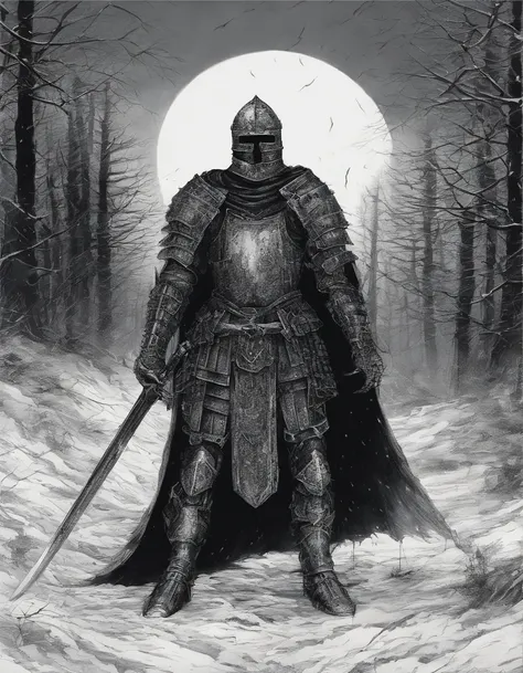 A fearsome warrior knight, Schnee, Kosmische Asche, artistic, kompliziert, psicodelic, episch