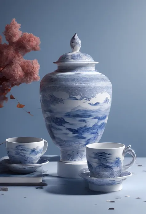 Blue and white porcelain,Ceramic material，holding cup，On a table，anaglyph，chinse landscape，artwork of a，Ornaments， high detail,3D， Chiaroscuro, Cinematic lighting, god light, Cinematic lighting, hyper HD, High details, Best quality, A high resolution, Text...