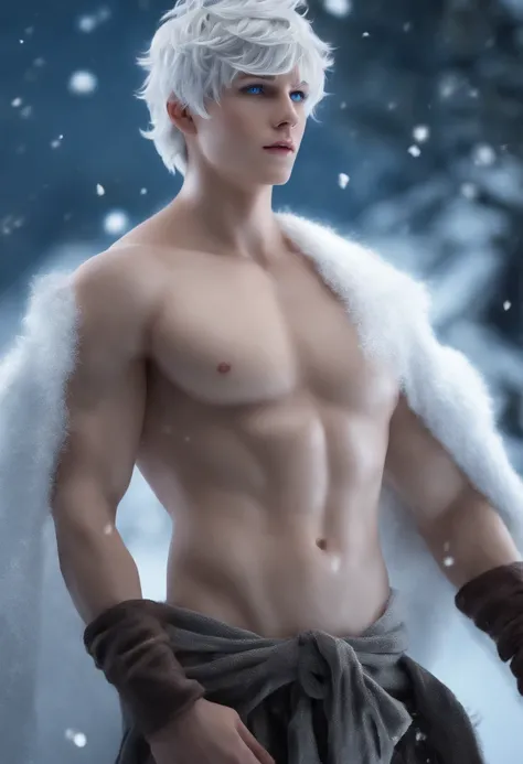 (8K, Raw photo, Highest Quality) (((FULL BODYSHOT:1.3))), (((Blue eyes:1.5))), 18 years old, white pale skin, Silver messy hair, Silver medium hair, Silver hair, (((Jack frost:1.44))), Ice Magic, Frost magic, Magic Cold, low  angle shot, Realistic, (((full...