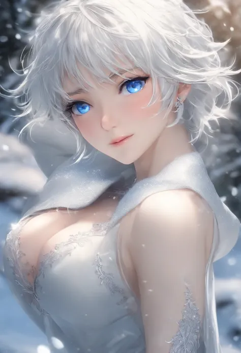 (8K, Raw photo, Highest Quality) (((FULL BODYSHOT:1.3))), (((Blue eyes:1.5))), 18 years old, white pale skin, Silver messy hair, Silver medium hair, Silver hair, (((Jack frost:1.44))), Ice Magic, Frost magic, Magic Cold, low  angle shot, Realistic, (((full...