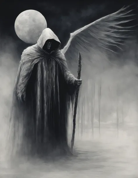 Create a stunning painting of a terrifying white-skinned wizard with a hood, full entire body, close to the camera, Ruby red rod with small wings at the tip, Kosmische Asche, artistic, kompliziert