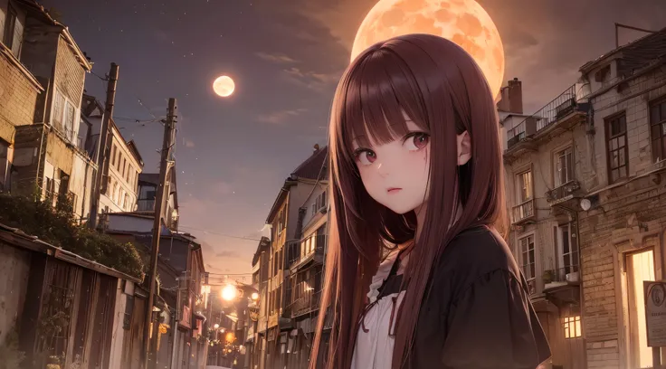 (obra prima) (perfection) (ultrarealista) (sem defeitos) menina de anime - bonita de cabelo loiro, Environment with red moon in the sky, halloween, aboboras, triste, blood, bleed, castelo, noite, pouca luz, morcegos, ultrarealista