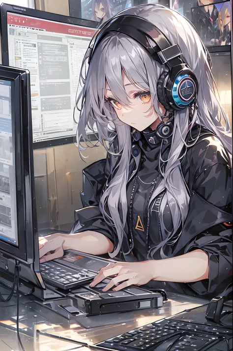 Woman using computer with big screen、silber hair、Semi-long hair、Wearing cool headphones,{{{{{{{{ Black Parker Oversize }}}}}}}},beautiful and delicate golden eyes,Thinking,black Clothes,