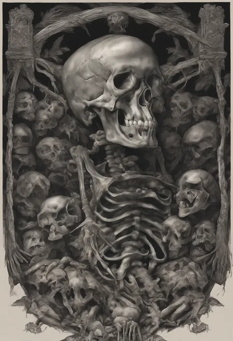 (Horror) creepy art, goretothecore, a close up of a skeleton with hands on its chest, rotting, death metal album cover, rotting flesh, dug stanat macabre art, in hell, they sit next to a pile of bones, dark goddess , piles of bones, pile of skulls under hi...