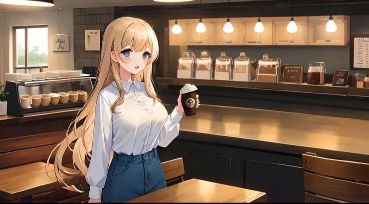 Girls in the workplace，white  shirt，denim pant，Coffee at the café，Long hair，Bigchest，Temperament girl