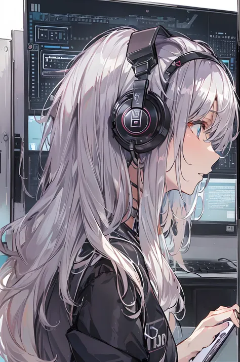 Woman using computer with big screen、silber hair、Semi-long hair、Wearing cool headphones,{{{{{{{{ Black Parker Oversize }}}}}}}},beautiful and delicate golden eyes,Thinking,black Clothes,