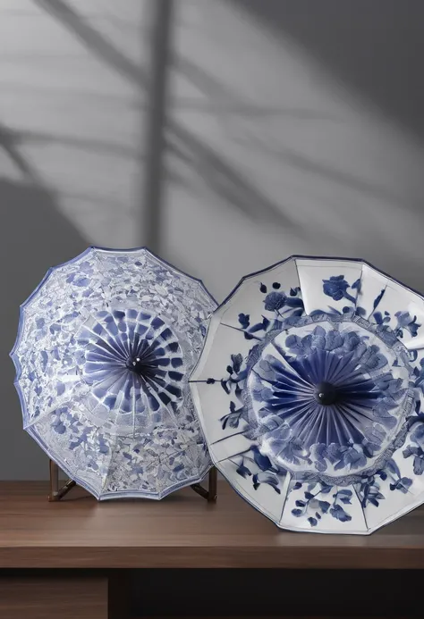 Blue and white porcelain,Ceramic umbrella，Embossed ginkgo biloba，artwork of a，Ornaments， high detail,3D， Chiaroscuro, Cinematic lighting, god light, Cinematic lighting, hyper HD, High details, Best quality, A high resolution, Textured skin