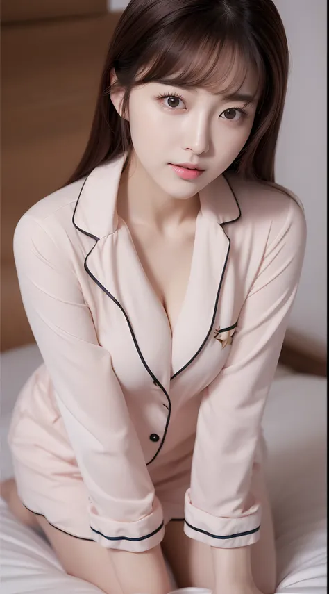 Realistic photos of (1 cute Korean star) flipped hair, thin makeup, 32 inch breasts size,wearing pyjamas, kneeling on the bed , close-up portrait, UHD