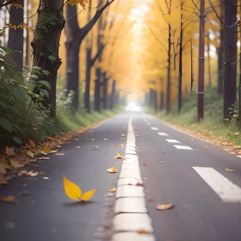 a yellow line in the middle of a road, a picture, by Niko Henrichon, pixabay, flowing wires with leaves, some of the blacktop is showing, shot from a low angle, lying on the woods path --auto --s2