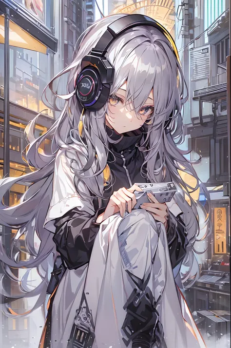 Woman using computer with big screen、silber hair、Semi-long hair、Wearing cool headphones,{{{{{{{{ Black Parker Oversize }}}}}}}},beautiful and delicate golden eyes,Thinking,black Clothes,