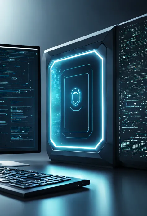 A futuristic, high-tech computer system with layers of security and encryption, rendered in a sleek and minimalist style.