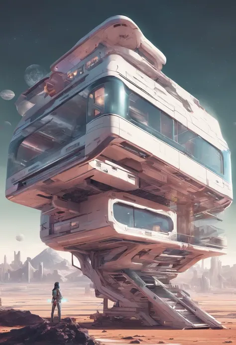 （A campervan，Stacked house on top）, Transparent buildings on the moon, full building, capsule hotel, Unique architecture!, dystopian city apartment, Stacked houses, fully built buildings, fancy apartment, Single building