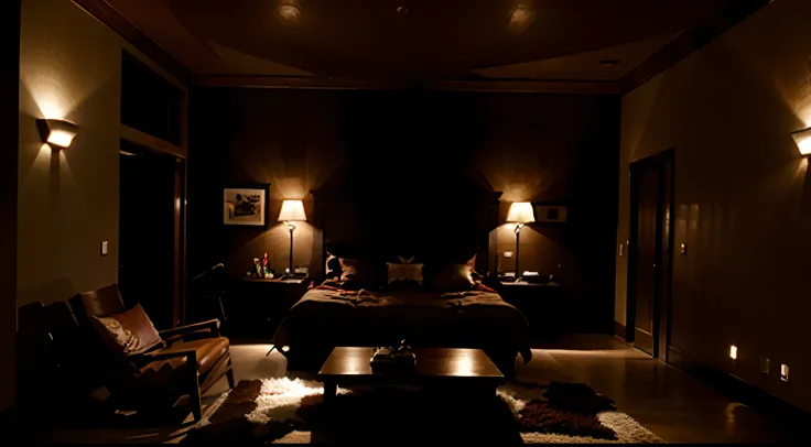 A ROOM WITH LOW LIGHTING, COM ESTANTE DE LIVROS GRANDE AO FUNDO, WOODEN FURNITURE AND RED LIGHTING SPOTS