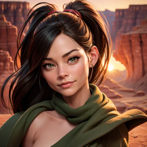 Kristin Kreuk with a ponytail et des yeux verts, As a cow girl on a horse in the Grand Canyon at sunset . realistic image, detailed skin, face detailed, hyper realistic.