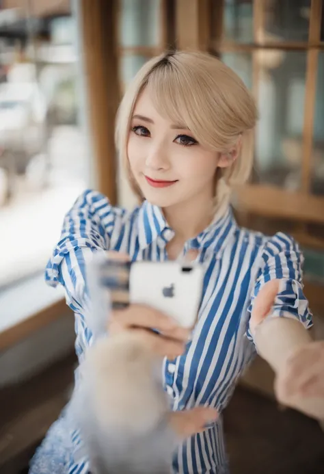 Blonde girl in blue and white striped shirt takes selfie, shikamimi, Anime Cosplay, Anime girl cosplay, Lori, lolish, real life anime girl, Rin, Cosplay, Anime style, blond hair with pigtails, Ayaka Cosplay, Rei Hiroe, As an anime character, anime-inspired...