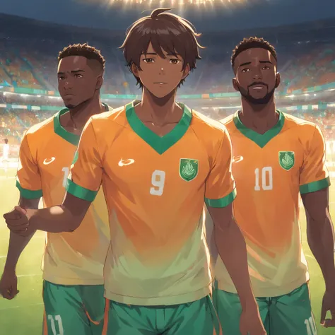 Illustrating the Ivory Coast Mens Team. Make sure the support in the background lights up,  hyper realistic, lifelike texture