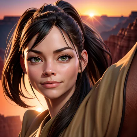 Kristin Kreuk with a ponytail et des yeux verts, As a cow girl on a horse in the Grand Canyon at sunset . realistic image, detailed skin, face detailed, hyper realistic.