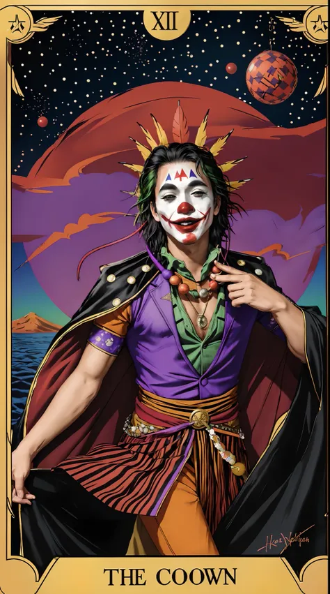 Tarot Card Heyoka - sacred clown, indigenous wisdom, trickster archetype, colorful attire, playful expression, spiritual guidance, unconventional energy, harmonious balance, energetic presence, The Joker, horridtarot