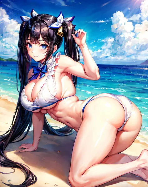 mksks style, masterpiece, best quality, long eyelashes, eyeliner, eye shadow, mascara, colorful, pink lips, deep skin, looking at viewer, full body photo, curvy, hestia (danmachi), 1girl, breasts, solo, long hair, blue ribbon, twintails, ribbon, big breast...