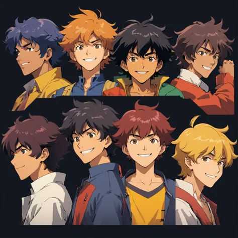 Dark black background , Front view, fundo branco, anime, estilo cowboy bebop,expression sheet face , anime boy , boy , smile