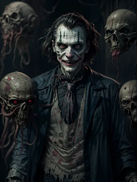 (best quality,4k,8k,highres,masterpiece:1.2),ultra-detailed,(realistic,photorealistic,photo-realistic:1.37),Jokers upper body in the style of HP.Lovecraft,dark,macabre atmosphere,detailed facial expression,ominous eyes,wiry hair,weathered skin,sharp cheekb...