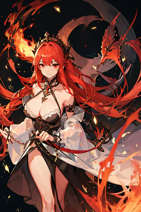 1girl, wearing a dress, surrounded by fire, red and long hair, red eyes, cleavage, goddess, perfect face, perfect fingers, perfect anatomy