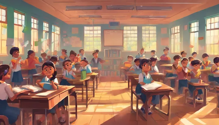 the essence of nostalgic school days. Vibrant classroom with benches filled with students, boys and girls engaged in vivid conversations. Realistic & detailed artistic style brings the scene to life