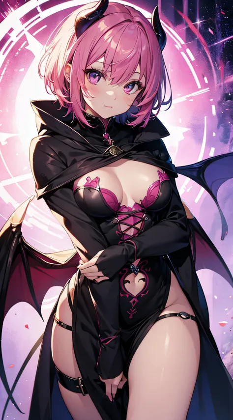 (best quality, vivid colors, ultra-detailed),portrait,succubus,pink hair,short hair,wear a cloak to cover her body,cute, tattoo,...