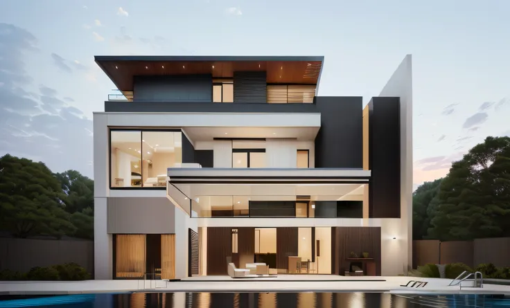 a rendering of a modern house with a pool and a swimming pool, exterior design, architectural visualization, overall architectural design, realistic architecture, residential design, inter dimensional villa, architectural render, bold architecture, contemp...