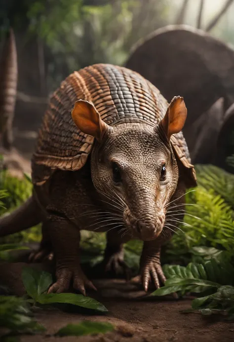 ARMADILLO EN MEDIO DE UNA CIUDAD LLENA DE DINOSAURIOS CON COLAS LARGAS, AHORA HASLO CON 4 ESTILOS ARTISTICOS