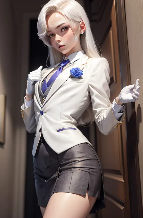 femboy, crossdressing, skirt suit, (((three-piece suit))), necktie, blazer, suit jacket, waistcoat, bodycon skirt, white gloves,