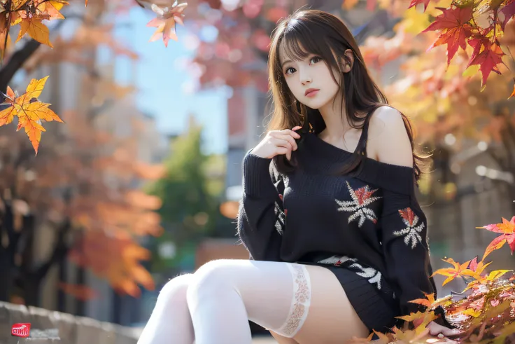 RAW image quality、8K分辨率、Ultra-high-definition CG images、Autumn leaves at night🍁、Moonlight、15-year-old beauty、Detailed beautiful eyes、Beautiful long hair、Clear skin, slender physique、Street、(Black sweater), (white_legwear very)、(Bare shoulders)、(Colossal ti...