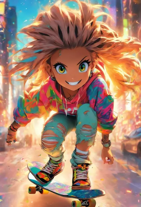 La fille de skateboard la plus belle et la plus sexy, un grand sourire, cheveux de couleur arc-en-ciel, yeux jaunes, wear a hoodie, T-shirt graphique, Ripped skinny jeans and highly detailed skateboarding gear, Des tonnes de tatouages et de piercings, very...