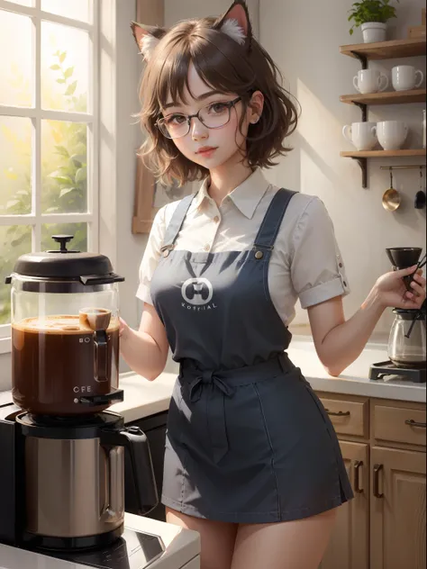 Coffee Girl, Realistic, High Quality, coffee shop, Soft light, Natural and authentic, coffee, Short Hair Hair, customer, cats, Cospell, cat ear, cat ears girl, Glasses Girl, Coffee maker,