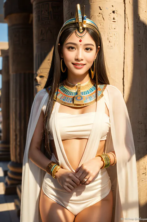 (((ancient egyptian Kalasiris))),(((ancient egyptian queen headpiece))),(((bib necklace))),(((bare inner thigh))),(((bangle))),(((ancient egypt traditional white sheer fabric cape))),ulzzang-6500-v1.1, (Raw photo:1.2), (Photo realistic:1.4), a beautiful de...