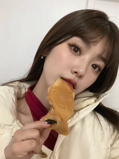 Araffe girl eating a piece of food with a red handkerchief, ulzzang, Miel, maquillaje popular de Corea del Sur, Chica coreana, tzuyu de dos veces, Wan adorable cara coreana, Sakimichan, Taehyung comiendo papas fritas Gucci, Heonhwa Choe, maquillaje coreano...